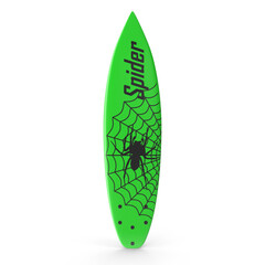 Green surfboard with spider web design isolated on transparent background
