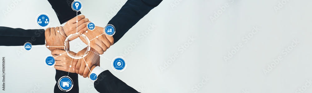 Poster a visual representation of teamwork, showcasing diverse hands joined in a circle surrounded by icons