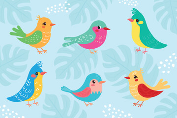 Colorful Flat Birds on Tropical Leaves Background Vector Set.