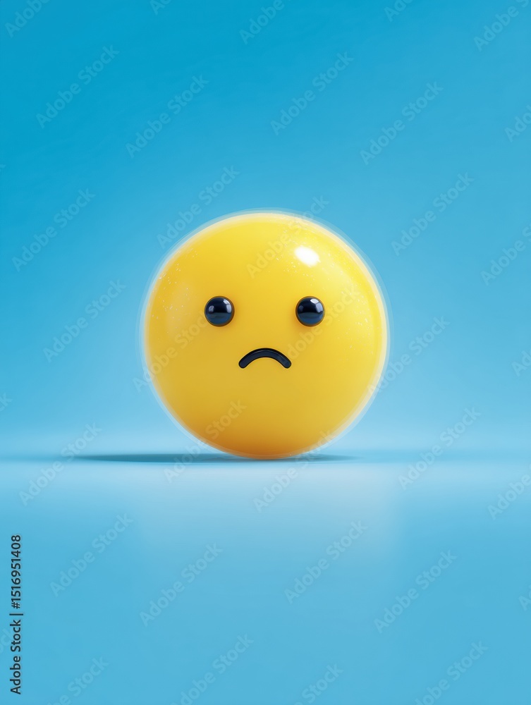 Poster Sad Emoji Illustration With Subtle Error Shadow on Soft Blue Background Conveys Feelings of Disappointment and Melancholy in a Playful Style