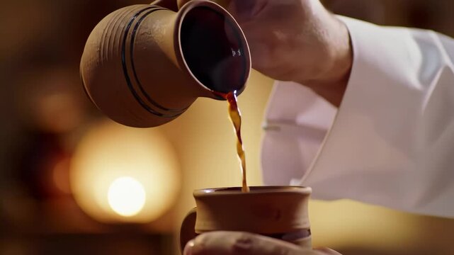 Close Up of Brown Liquid Being Poured from Pottery Jug into a Matching Cup with Warm Background Lighting and a Person in White Clothing
