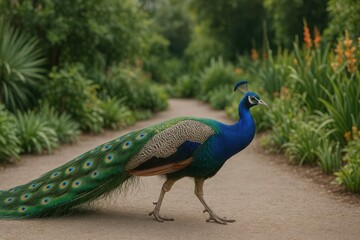 Obraz premium Elegant peacock strolls through a lush garden path under the warm sunlight showcasing its vibrant plumage