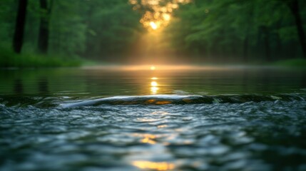 Sunlight streams through forest, reflecting on rippling creek