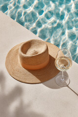 A stylish straw hat and glass of white wine beside a shimmering pool