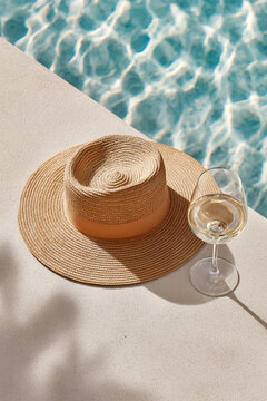 A stylish straw hat and glass of white wine beside a shimmering pool