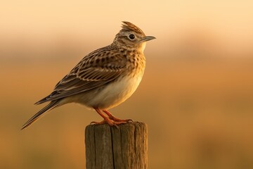 Lark perched gracefully on a wooden fence post during a serene dawn in a tranquil landscape