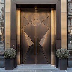 Naklejka premium Modern bronze double doors with geometric design