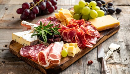 Gourmet Charcuterie Board with Assorted Meats, Cheeses, and Grapes on Rustic Wood