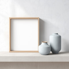 Wooden frames mockup with blue ceramic vases on a stone shelf in a minimalist interior setting