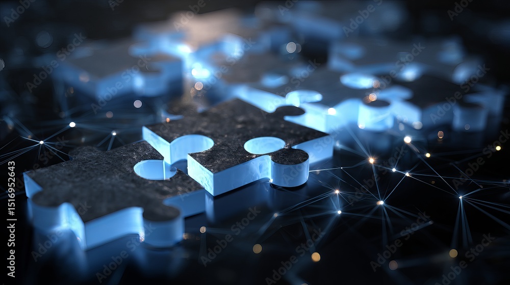 Poster abstract metallic puzzle pieces connected network digital technology business solution modern design