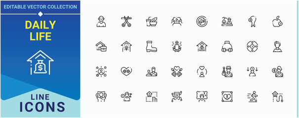 Daily Life simple icon set. Includes thin line symbols diet, habit, exercise, fitness, life and more. Lifestyle icon set. Set of line pictogram. Editable stroke collections.