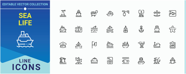 Sea Life line icon set. Contains such icons as sea, ocean, ship, nautical, shipping, port and more. Marine icon set. Modern thin line style icons. Editable stroke vector art.