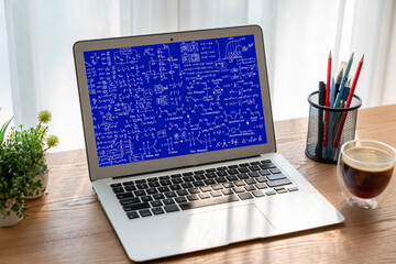 Fototapeta premium Mathematic equations and modish formula on computer screen showing concept of science and education