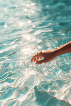 A gentle hand reaches into shimmering turquoise water
