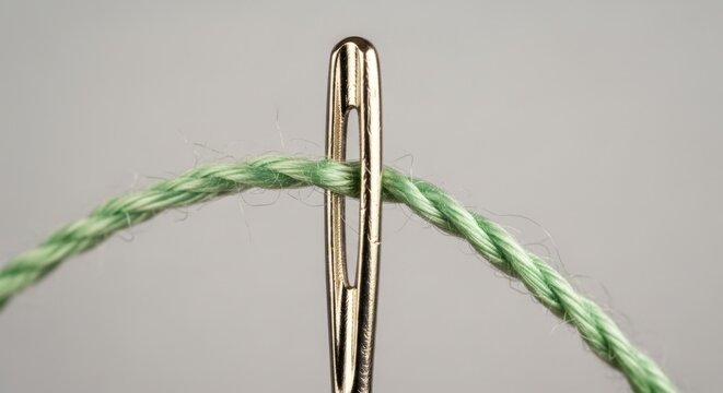 Close-up of green thread through sewing needle eye on gray background