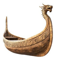 A stylized Viking longboat with dragon-shaped prow, clean lines, wood texture, transparent background, perfect for Viking-themed historical infographics.