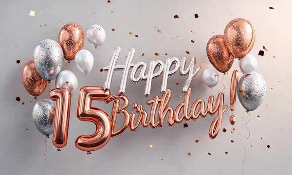 Colorful balloons and a festive banner celebrating a 15th birthday. The scene includes silver and rose gold decorations with confetti.