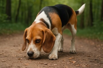 Beagle exploring nature trail on a sunny day in a lush green forest