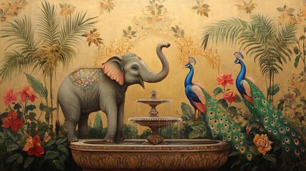 a mughal style painting of one elephant and three peacocks in a garden with a fountain at the center of the garden -