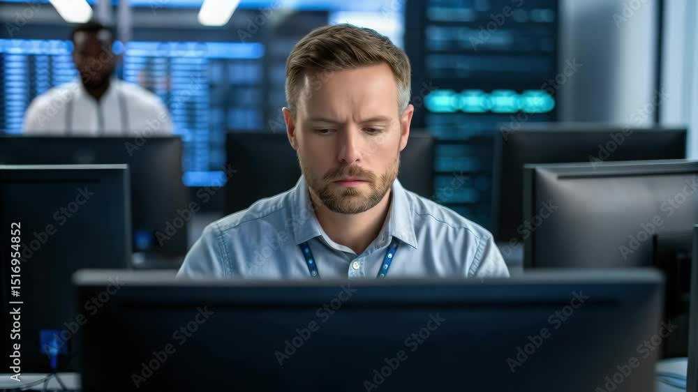 Poster focused man working intently at a computer in a modern office with technology screens in the backgro