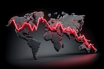 Global economic downturn depicted with a world map, red lines, and charts showing a decline in global market values, representing the current market struggles.