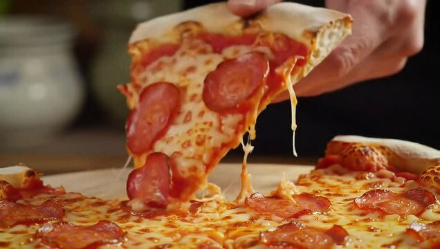Close-up of a pizza slice being pulled away, slow motion cheese stretch, bubbling tomato sauce, pepperoni sizzling, macro crust texture, warm Italian kitchen ambiance.
