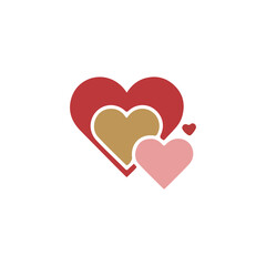 Three hearts in layered design, symbolizing love and connection.This image features three stylized hearts in varying shades of red and a warm tan/gold color, layered on top of each other.