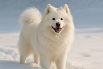 Fototapeta premium Fluffy samoyed dog enjoys playful winter morning in soft white snow under a bright blue sky