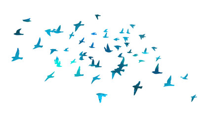 Flying birds blue silhouette flock. hand drawing. Not AI. Vector illustration