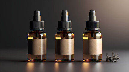 Three bottles of essential oil stand on the table, containing cosmetics fluid
