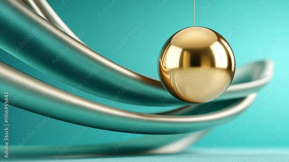 Poster Golden Sphere in Dynamic Motion: A gleaming golden sphere hovers gracefully against a backdrop of fluid, metallic curves, creating a captivating dance of form and light