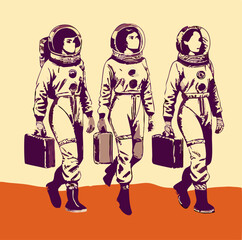 Three Female Astronauts Walking, Retro Style Illustration