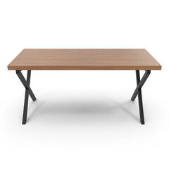 Modern rectangular wooden table with black X-legs isolated on transparent background