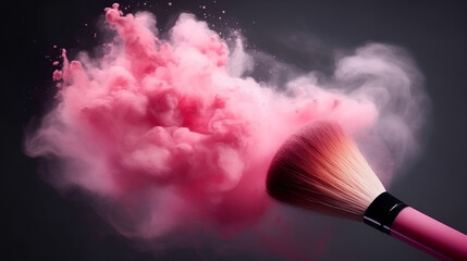 A soft brush with colored powder on a black background with the ability to copy. The concept of beauty and makeup