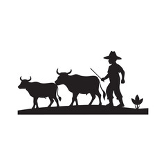 Farmer Walking With Oxen Silhouette