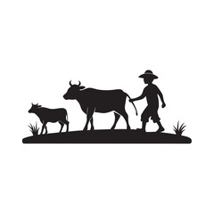 Farmer Leading Oxen Across Field Silhouette