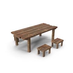 Rustic wooden picnic table with two small stools isolated on transparent background