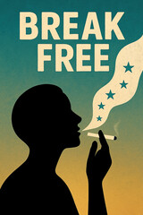 Silhouette of Person Holding Cigarette with Star-Filled Smoke and "Break Free" Text