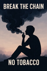 Smoker in Silhouette with Thick Smoke Clouds Above and Message Against Tobacco