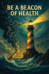 Lighthouse Beaming Through Stormy Sea While Cigarette Sinks in Waves