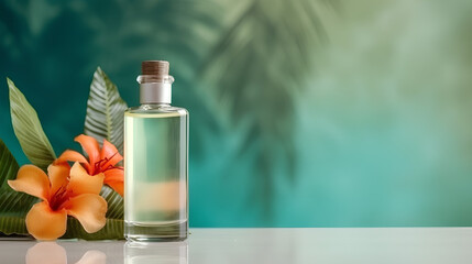 Liquid perfume in a glass bottle beside a blooming flower