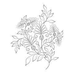An illustration of a vectors different type of  flowers, traditional and cultural alpona design in continuous line art drawing style.