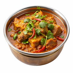Delicious indian curry with meat and spices served in a traditional copper bowl