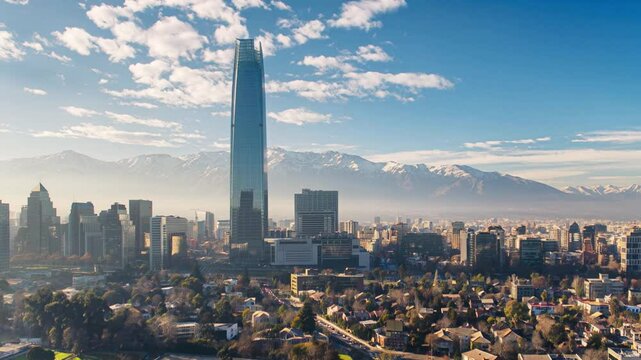 Aerial view of the Costanera Center with the Snowy Andes mountain range