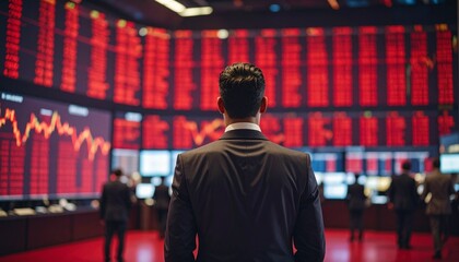 A man stands, looking at the stock market trends, his posture reflects a sense of contemplation. The data is displayed in red