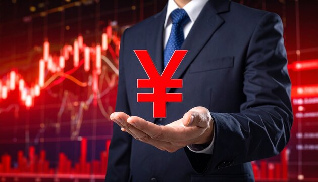 A businessman in a suit holds a glowing currency symbol, against a backdrop of falling stock prices. The image symbolizes financial challenges and market volatility. 