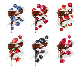 Set of liquid chocolate and milk splashes with various berries