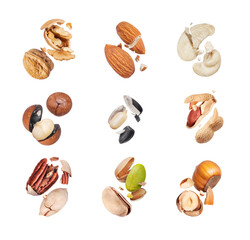 Set of various whole and crushed nuts in the air close-up on a white background