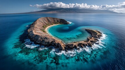 Discover the breathtaking aerial view of the Molokini Crater in Hawaii, showcasing nature's splendor and the ocean paradise from a bird's eye perspective.