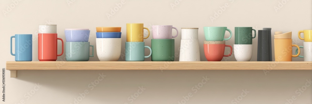 Aufkleber Brightly Colored Cups and Mugs Lined up on a Minimal Kitchen Shelf Creating an Inviting and Cheerful Atmosphere